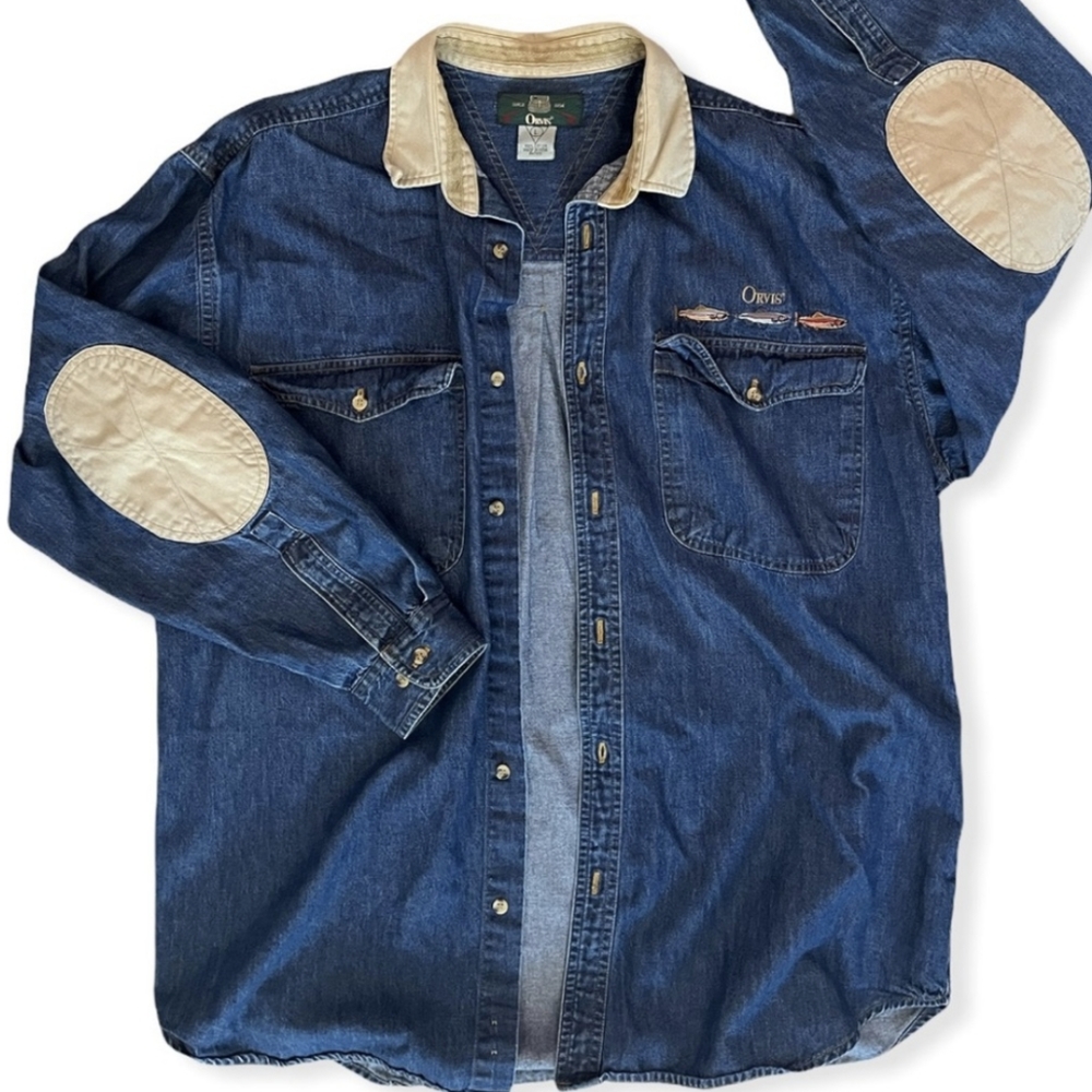 ORVIS Men's Denim Embroidered Logo Shirt With Twill Collar and Elbow Pat…